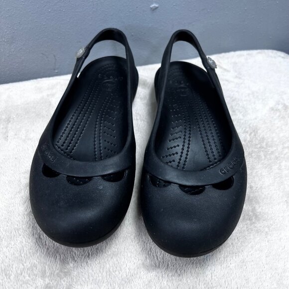 Crocs Jayna Slingback Ballet Flats Black 8 Women Slip On Shoes Flower Charm - Picture 2 of 7